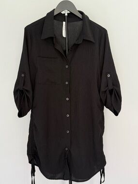 Black Swimsuit Bikini Coverup Button Down Beach Dress Shirt Blooming Jelly Large